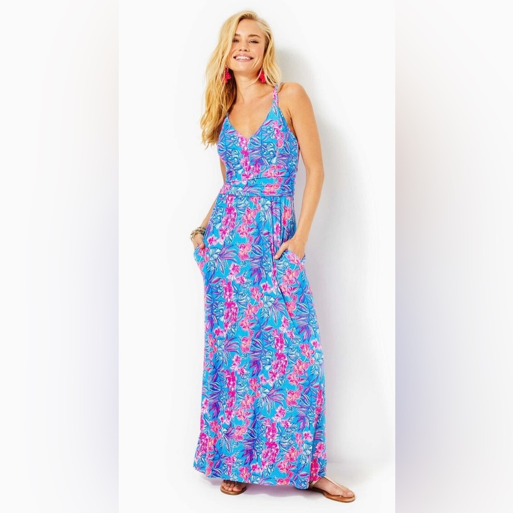 Lilly Pulitzer Blake Maxi Dress in the Cumulus Blue Orchid Oasis